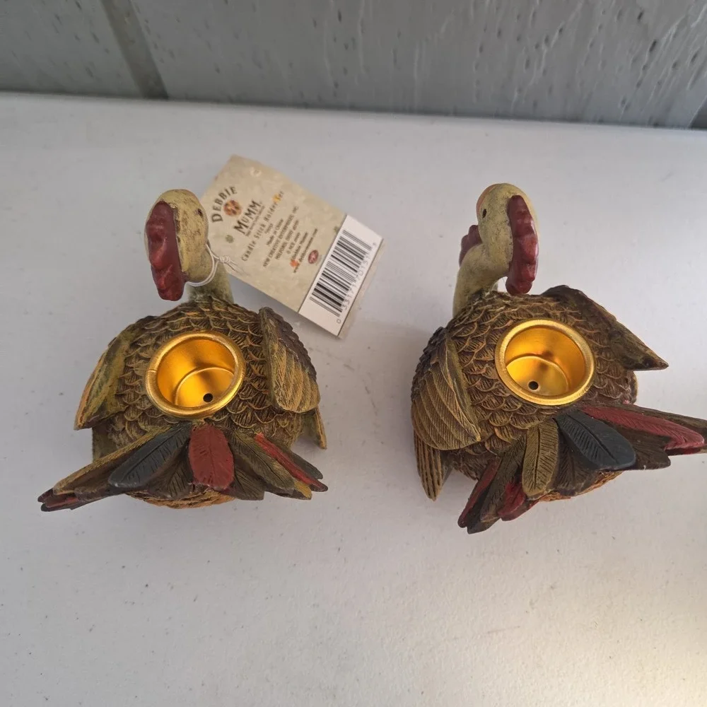 Set of 2 Debbie Mumm Turkey Candle Stick Holders Thanksgiving Fall Autumn Decor